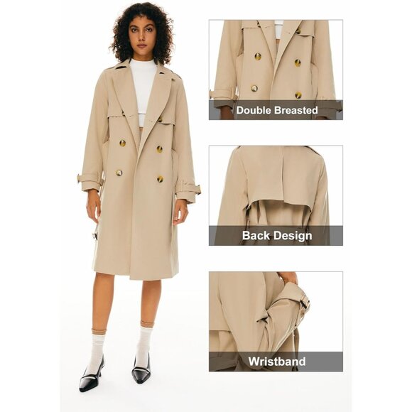 Women's Green Length Double Breasted Trench Coat Lapel Jacket With Belt - Picture 7 of 8